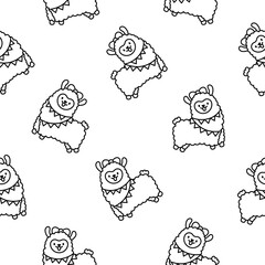 Cute kawaii little llama. Seamless pattern. Coloring Page. Cartoon funny alpaca, animals character. Hand drawn style. Vector drawing. Design ornaments.