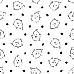 Cute happy durian character emoticon. Seamless pattern. Coloring Page. Kawaii cartoon fruit. Hand drawn style. Vector drawing. Design ornaments.