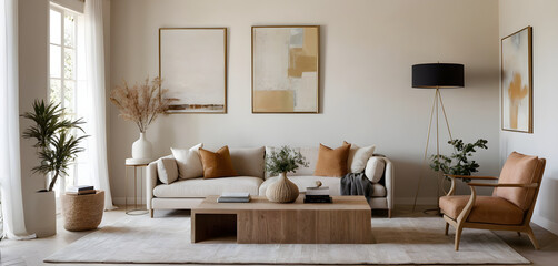 Obraz premium Modern living room decor with a calming neutral color scheme, cozy furnishings, and elegant wall decor creating a tranquil ambiance