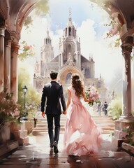 Watercolor background of a wedding couple walking in a fairy garden