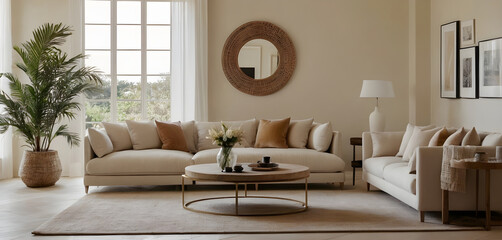 Comfortable and modern living room with a beige sofa, decorative plants, and a round mirror, showcasing stylish and ample space