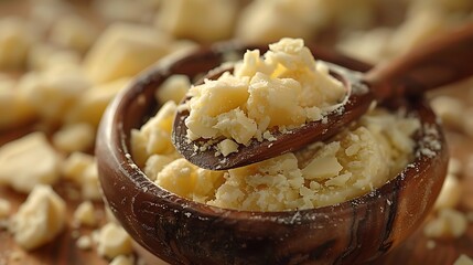  Close-up of raw shea butter being scooped with a wooden spatula.