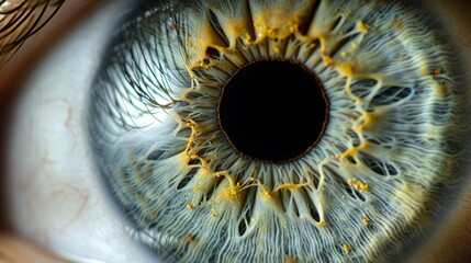  A detailed close-up of a human eye reveals the intricate structure of the iris, featuring a circular black pupil at its heart