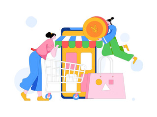 Holiday shopping people doing e-commerce online shopping flat vector concept operation hand drawn illustration
