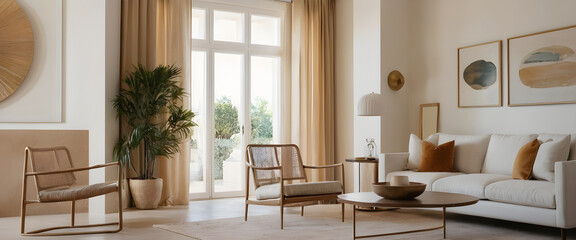 Chic and roomy living area featuring neutral tones, modern furniture, and ornamental greenery for a cozy and current ambiance
