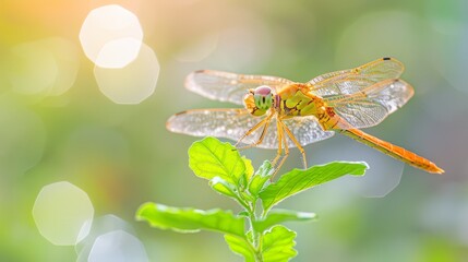 Naklejka premium A close-up of a dragonfly perched on a plant, backed by a halo of soft light, amidst blurred green foliage