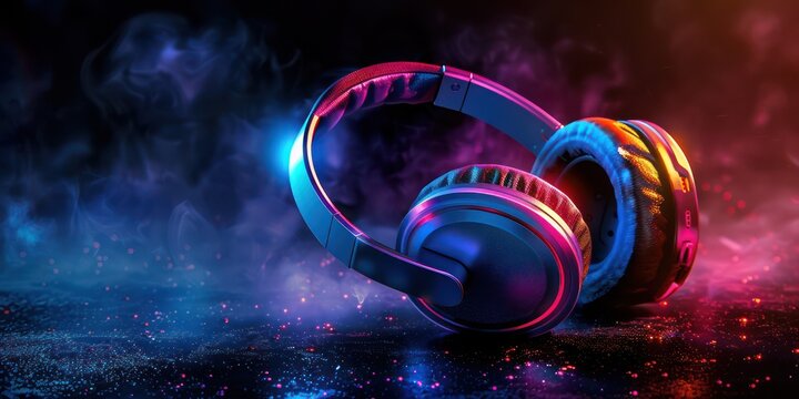 A creative advertisement highlighting glowing headphones with customizable color options, perfect for attracting attention in crowded spaces. 