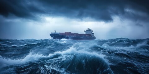 A dramatic photo of a container cargo freight ship braving stormy seas, emphasizing the resilience and strength of maritime transportation.