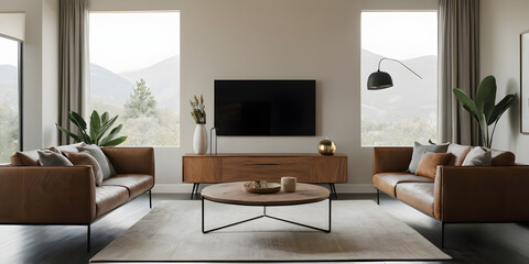 Fototapeta premium Stylish modern living room with leather sofas, wooden furnishings, and expansive windows showcasing a breathtaking mountain vista