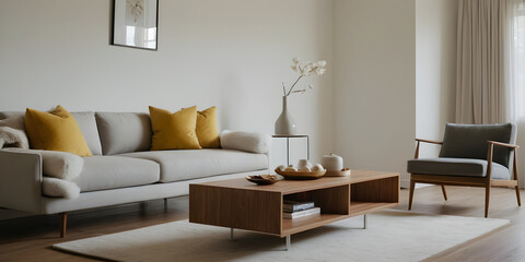 Contemporary interior design: elegant minimalist living room featuring a cozy sofa, wooden furniture, and a soothing neutral color palette