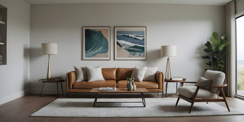 Fototapeta premium Stylish living room with a cozy brown couch, ocean-inspired decor, modern lighting, and greenery by expansive windows