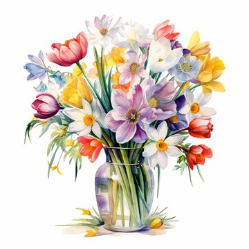 recommend clip art: A vase of colorful spring flowers watercolor clipart illustration on white background
