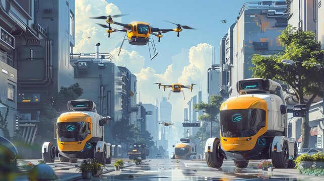 Last mile delivery solutions : A cityscape featuring delivery robots and drones efficiently navigating streets and delivering packages to doorsteps