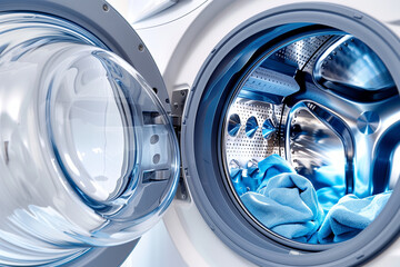 closeup of the inner drum and glass door inside an open washing machine, with being washed in blue and white tones. The background is white and the bright interior design in a mode
