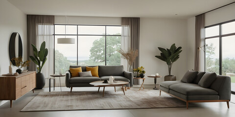 Modern and sophisticated living room design with natural views, showcasing chic furnishings and a calming color scheme