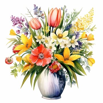recommend clip art: A vase of colorful spring flowers watercolor clipart illustration on white background
