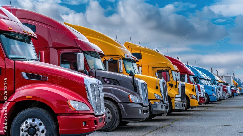 Wall mural A dynamic image of big rigs semi trucks lined up in a row at a truck stop parking lot, showcasing the scale and magnitude of the transportation industry.