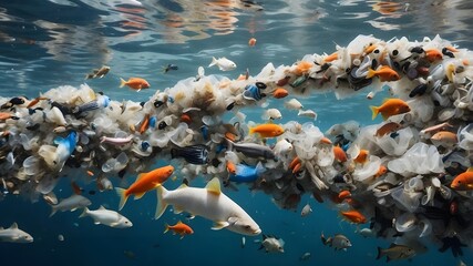 A concept of ocean pollution, ALPS cleaned water outflow, marine plastic pollution, and fish made of waste plastic rubbish swimming in the sea.