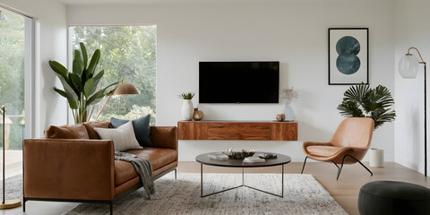 Modern living room with a leather couch, wooden furnishings, and greenery. Light and airy with a simple, cozy atmosphere