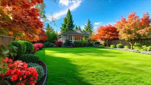 Well-Maintained Backyard with Lawns, Flower Beds, and Shrubs in the Background. Concept Gardening, Landscaping, Backyard Design, Outdoor Living, Plant Care