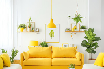 A bright living room with white walls, a yellow sofa and green plants on shelves, a framed poster of a leaf, a pendant light in a golden color hanging from the ceiling, a yellow la