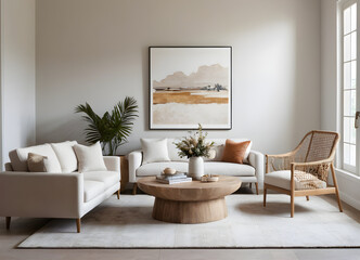 Serene living room design showcasing a neutral color palette, wooden furniture, and a touch of greenery for a cozy, stylish atmosphere