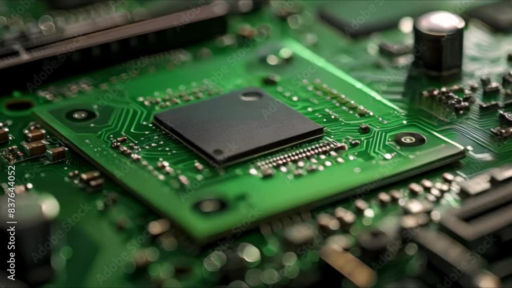 Poster detailed view of complex green gpu chip circuitry demonstrating advanced gaming computing technology