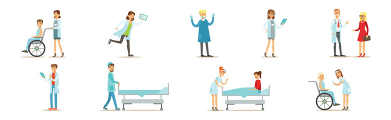 Doctor and Medical Staff with Patient Vector Set