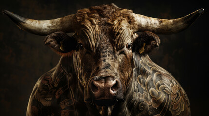 Naklejka premium Image of a bull photographed with studio lights, a bull with a Japanese tattoo, on a black background.
