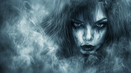 smoke curls from her hair, her eyes are blue, winds gently, blowing her hair