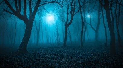 Obraz premium A foggy forest teeming with numerous trees, an end with a solitary light devoid of surrounding leaf-strewn ground and bare branches