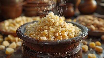  Close-up of raw shea nuts being crushed in a mortar.