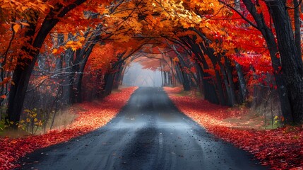 Fototapeta premium Vibrant Autumn Tunnel of Trees Capturing the Essence of the Changing Seasons