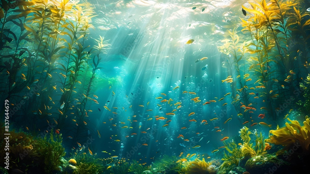 Wall mural vibrant underwater kelp forest teeming with diverse marine life