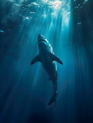Fototapeta premium Powerful great white shark swimming through sunlit underwater landscape showcasing its majestic form in the deep blue ocean