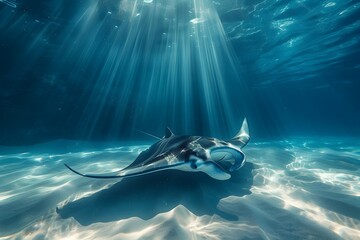 Graceful Manta Ray Gliding Through Sunlit Ocean Depths
