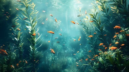 Fototapeta premium Lush Kelp Forest Teeming with Vibrant Marine Life in the Underwater World