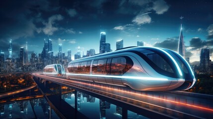 photograph of a maglev train levitating above a futuristic cityscape, its sleek design and vibrant lights illuminating the night sky 