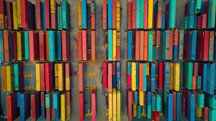 An aerial view of a vibrant industrial port with rows of colorful containers stacked neatly, ready for transport.