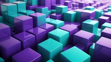 Obraz premium Contemporary Tech Background with Precisely Aligned Multisized Cubes. Purple and Aqua, 3D Render.