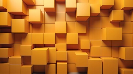Neatly Constructed Multisized Block Wall. Yellow and Orange, Contemporary Tech Wallpaper. 3D Render.