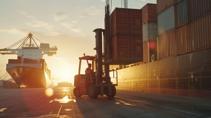 A dynamic shot of a forklift lifting a container box against the backdrop of a cargo ship, illustrating the scale of freight transportation in a logistic zone. 