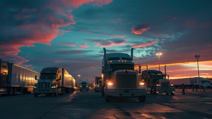 A dynamic shot of big rigs semi trucks parked in a row at a truck stop, their trailers loaded with cargo and ready for transport as the sun rises in the background. 