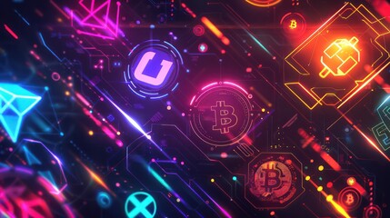 A futuristic background featuring cryptocurrency logos and digital wallets rendered in vibrant colors, with abstract shapes and patterns symbolizing the interconnectedness of digital finance. 