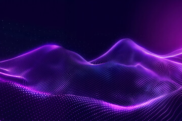 Abstract dark background with glow and purple glowing dots, line waves in the foreground. Bright neon purple color, gradient