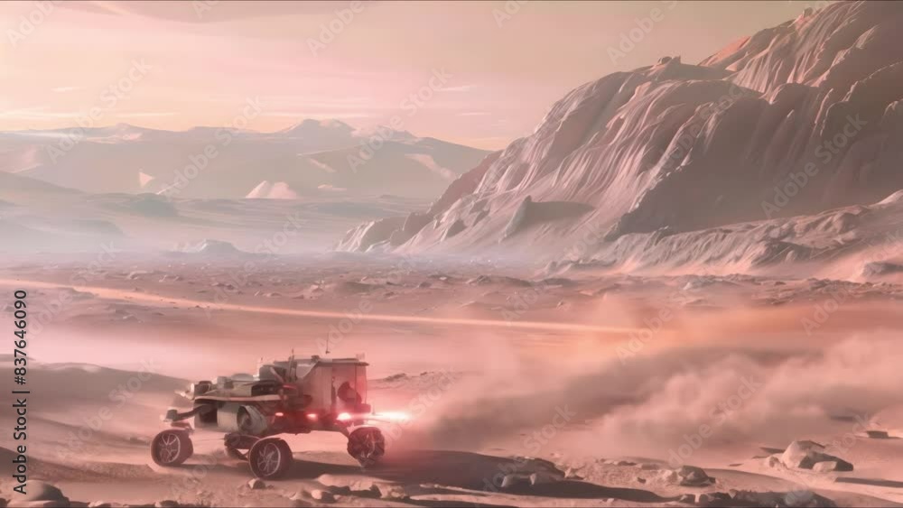 Poster a space rover explores a simulated mars terrain examining the surface. concept space exploration, ma