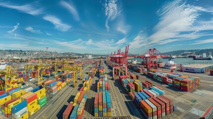 A panoramic view of a bustling industrial port with colorful containers being loaded and unloaded from ships, trucks, and trains. 