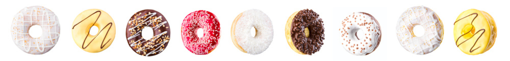 Set of chocolate glazed donut with sprinkles on a white background rotated