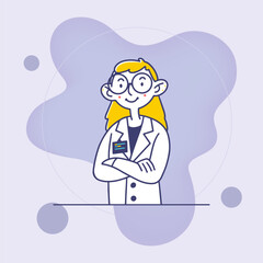 Obraz premium Female doctor in white coat and big glasses. Woman, medical practitioner, clinic flat vector illustration. Examination, healthcare, job concept for banner, website design or landing web page