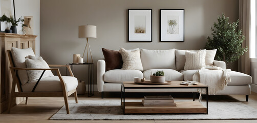 Soothing and sophisticated living area with a cozy white couch, chic armchair, and earthy wood details in a calming color scheme